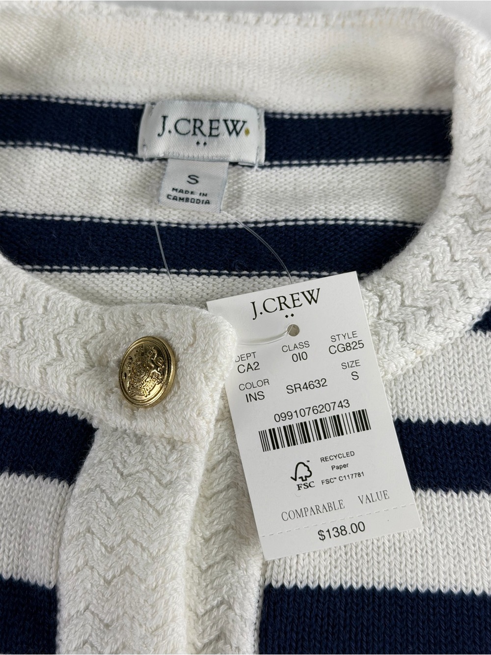 J. Crew Nautical Inspired Navy and White Striped - Gold Button Cardigan  NWT -Sm - Picture 11 of 16
